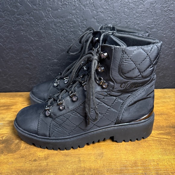 GUESS Gwortela Black Quilted Combat Boots Womens 9.5M Lug Sole Rhinestone Eyelet - Picture 3 of 7